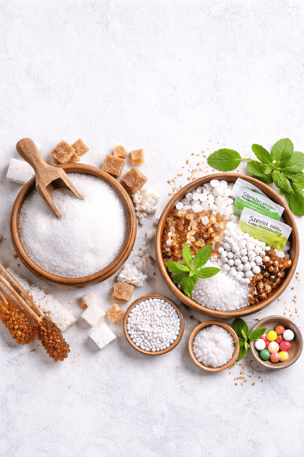 Auf diesem Bild sieht man Zucker und andere Süßungsmittel wie Honig, Stevia etc