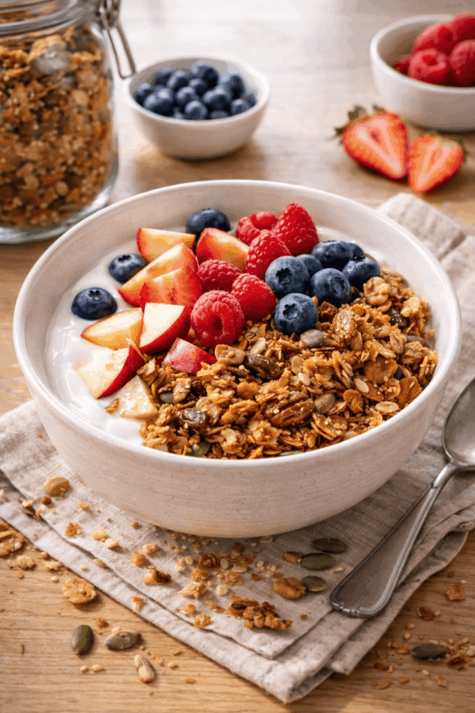 Carina Palm zeigt auf diesem Bild ihr selbstgemachtes getreidefreies Granola mit vielen Nüssen und Samen. Das Granola wird mir Joghurt und frischenn Himbeeren und Schwarzbeeren serviert.
