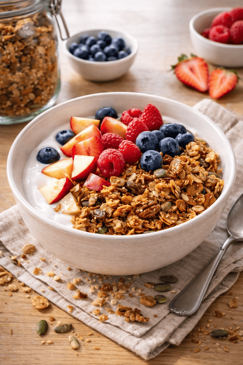 Carina Palm zeigt auf diesem Bild ihr selbstgemachtes getreidefreies Granola mit vielen Nüssen und Samen. Das Granola wird mir Joghurt und frischenn Himbeeren und Schwarzbeeren serviert.