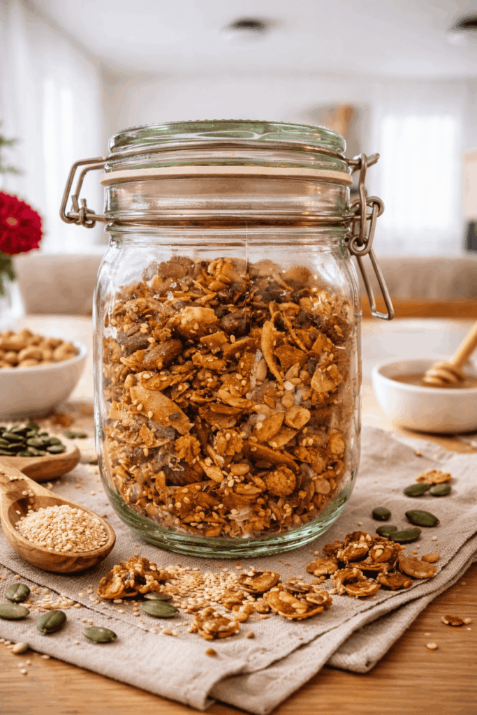 Carina Palm zeigt auf diesem Bild ihr selbstgemachtes getreidefreies Granola mit vielen Nüssen und Samen