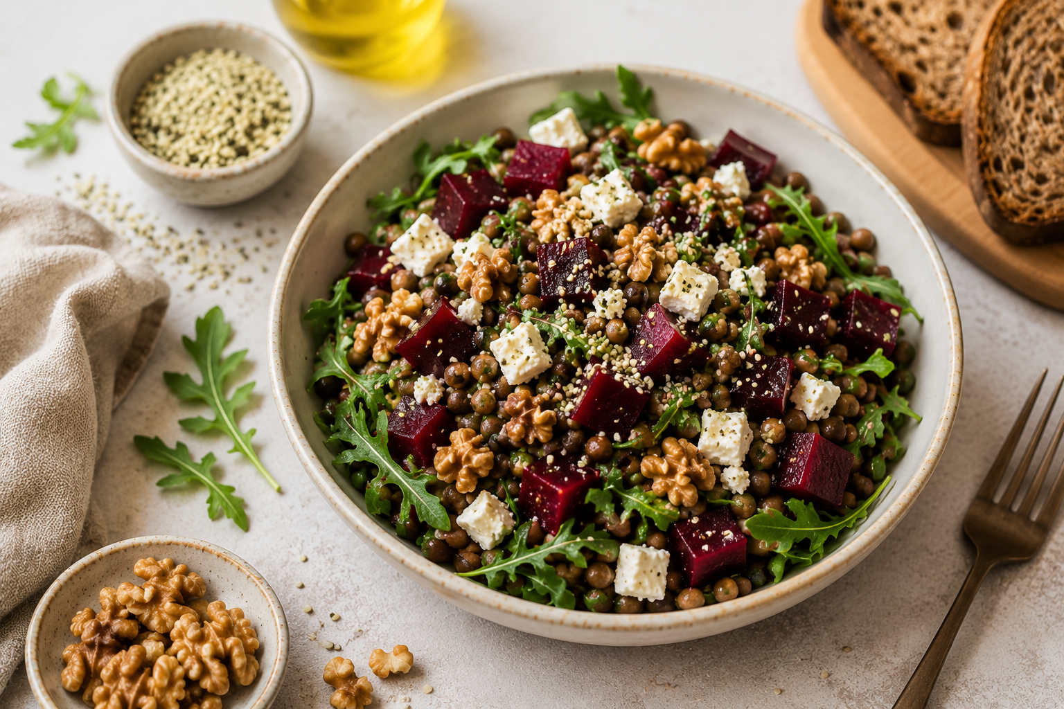 Berglinsen-Salat mit Feta, roten Rüben, Walnüssen und Rucola